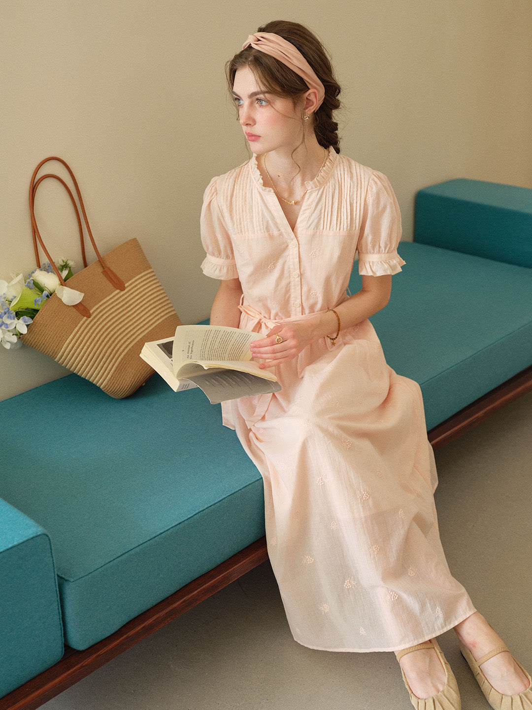 Ephemeral Soft Peach Pink V-Neck Button Down Puff Sleeve Flowy Dress Good Stylists
