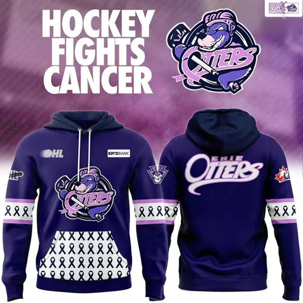 Erie Otters OHL Hockey Fights Cancer Purple Pullover Hoodie
