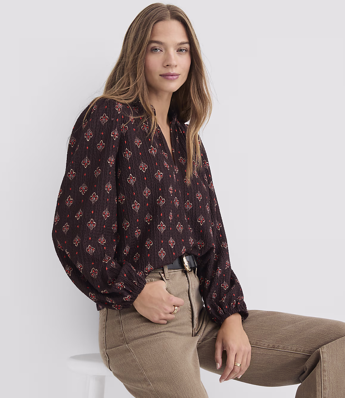 Velmira blouse in espresso brown with printed detailing and balloon sleeves