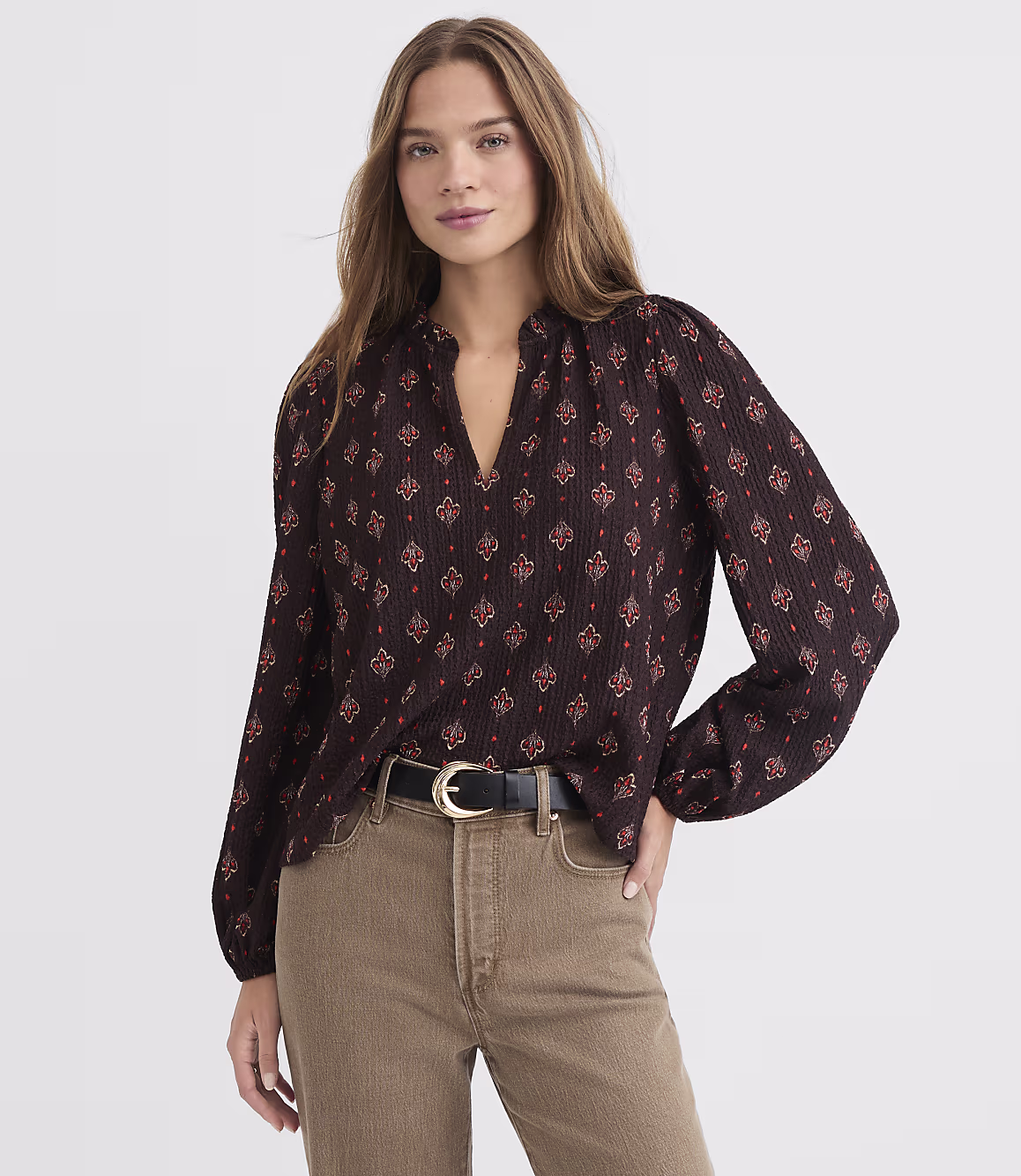 Espresso Brown Velmira Printed Balloon Sleeve Blouse by Teeyoulove