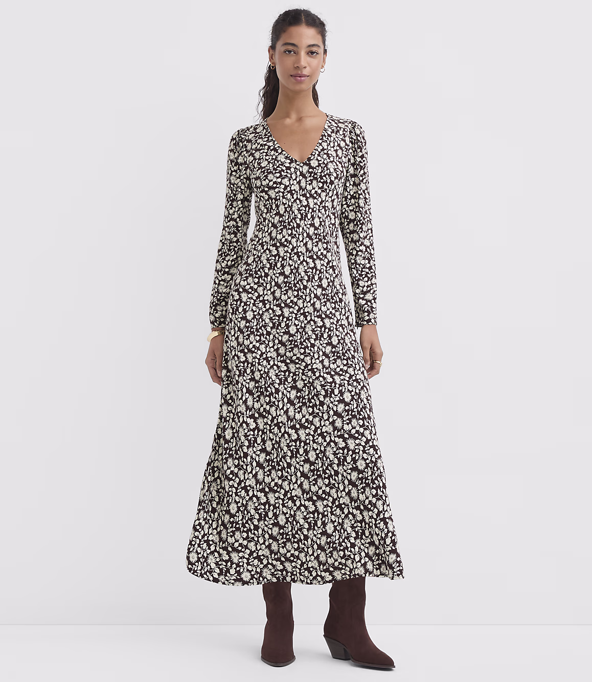 Velnora ditsy floral V neck maxi dress in espresso and ivory