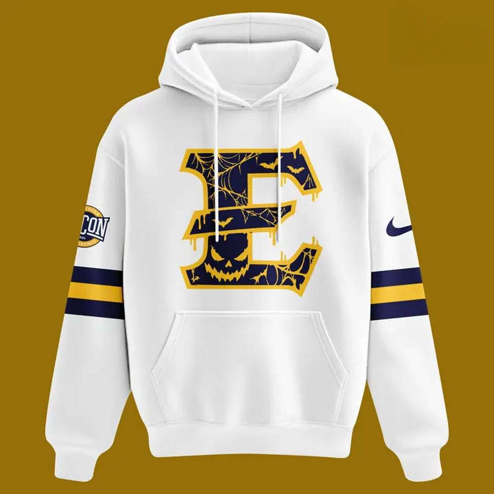 ETSU Buccaneers Halloween Running Bucky Skeleton White Hoodie - Image 2