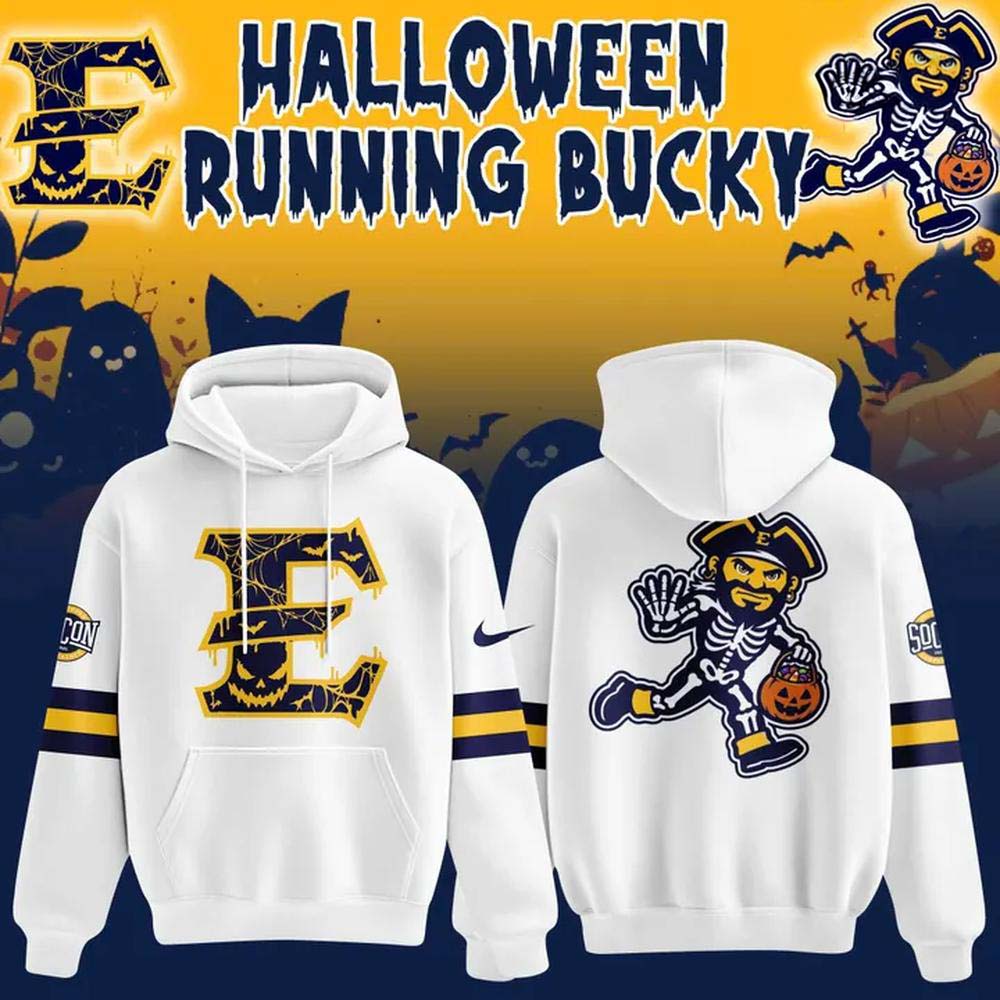 ETSU Buccaneers Halloween Running Bucky Skeleton White Hoodie