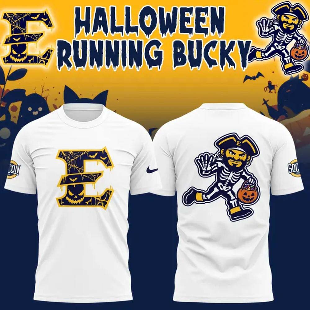 ETSU Buccaneers Halloween Running Bucky Skeleton White Short Sleeve TShirt