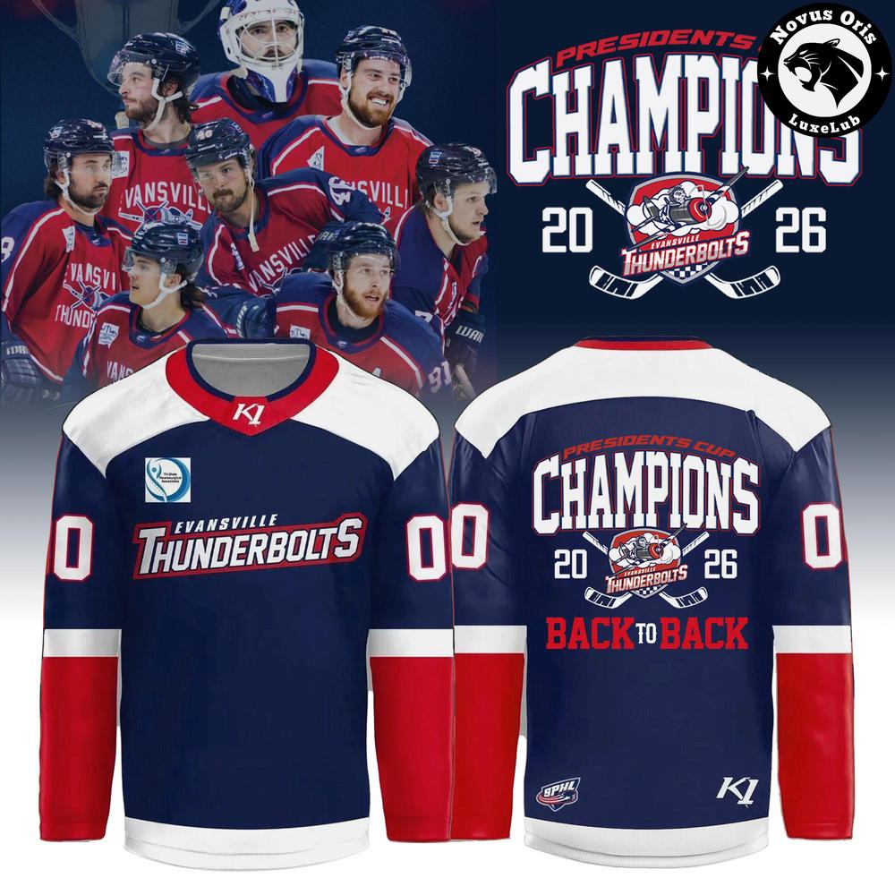 Evansville Thunderbolts 2026 Presidents Cup Champions Back-to-Back Hockey Jersey