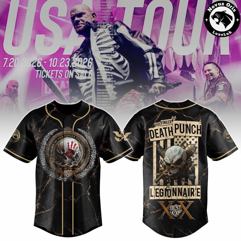 Five Finger Death Punch USA Tour 2026 20th Anniversary Best Of XX Baseball Jersey 1 - Unicasport Five Finger Death Punch USA Tour 2026 20th Anniversary Best Of XX Baseball Jersey