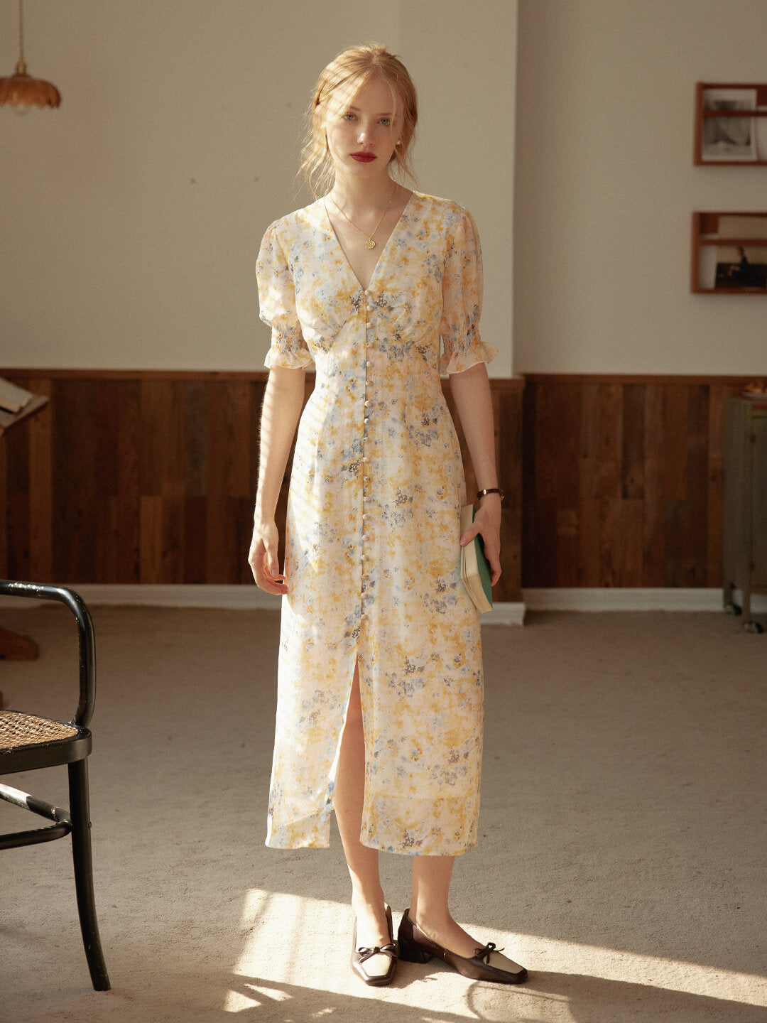 Floral Button Front Ivory Cream Puff Sleeve Maxi Dress Mellifluous Good Stylists