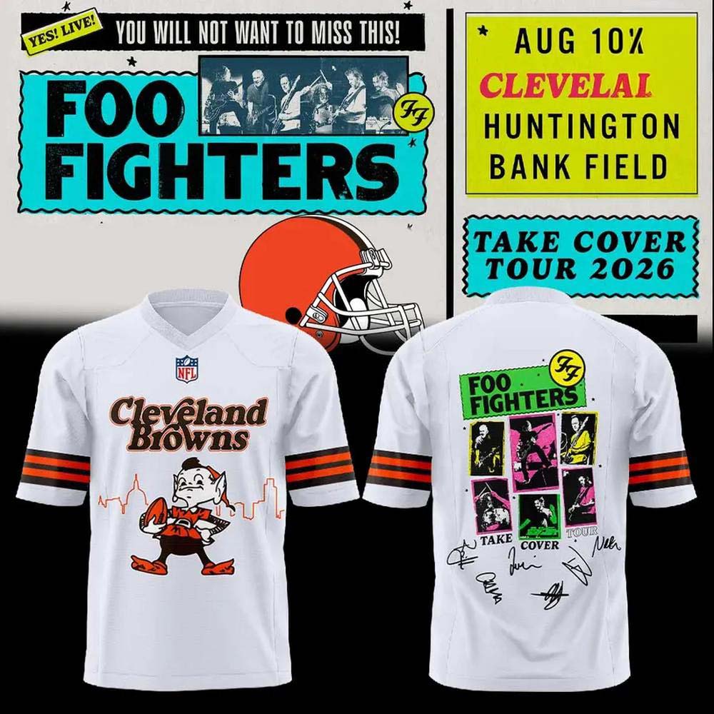 Foo Fighters x Cleveland Browns Take Over Tour 2026 Graphic White Football Jersey 1 - Unicasport Foo Fighters x Cleveland Browns Take Over Tour 2026 Graphic White Football Jersey