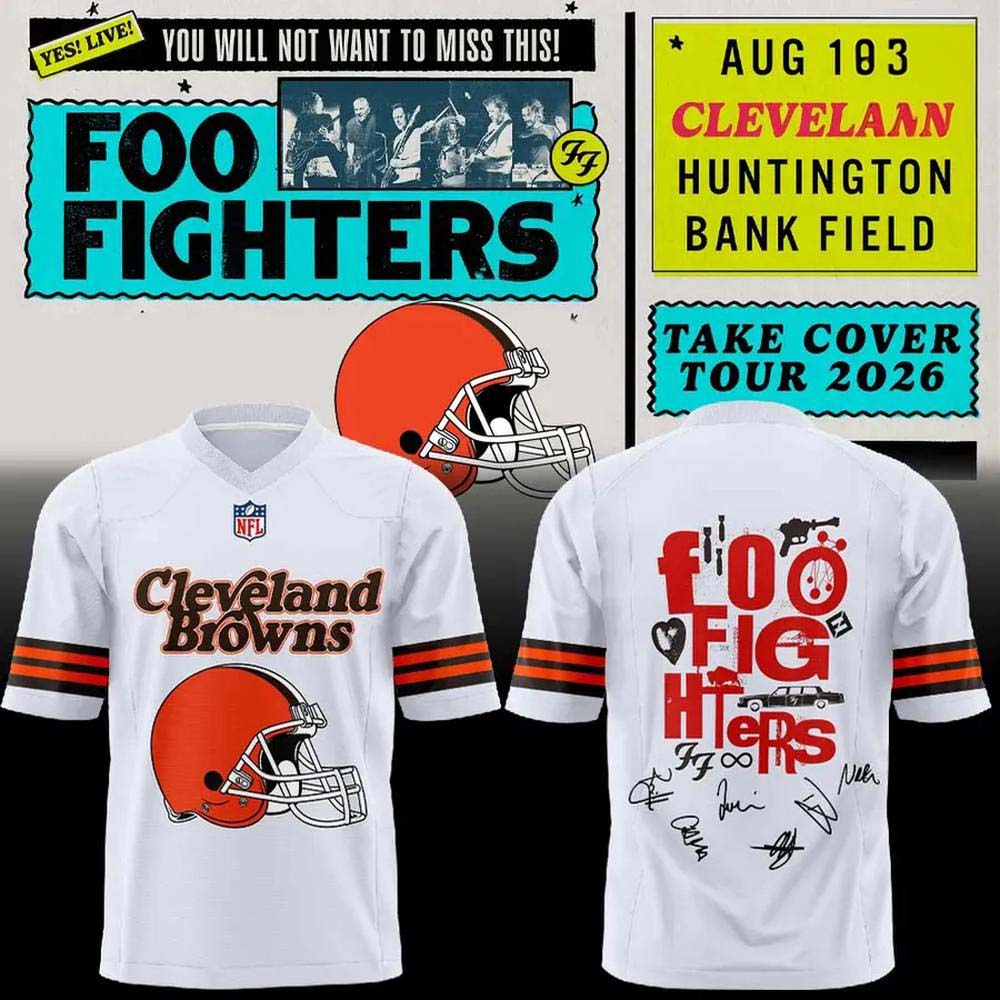 Foo Fighters x Cleveland Browns Take Over Tour 2026 White Football Jersey 1 - Unicasport Foo Fighters x Cleveland Browns Take Over Tour 2026 White Football Jersey