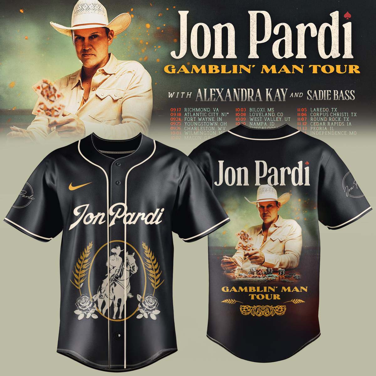 Jon Pardi Gamblin Man Tour 2026 Baseball Jersey