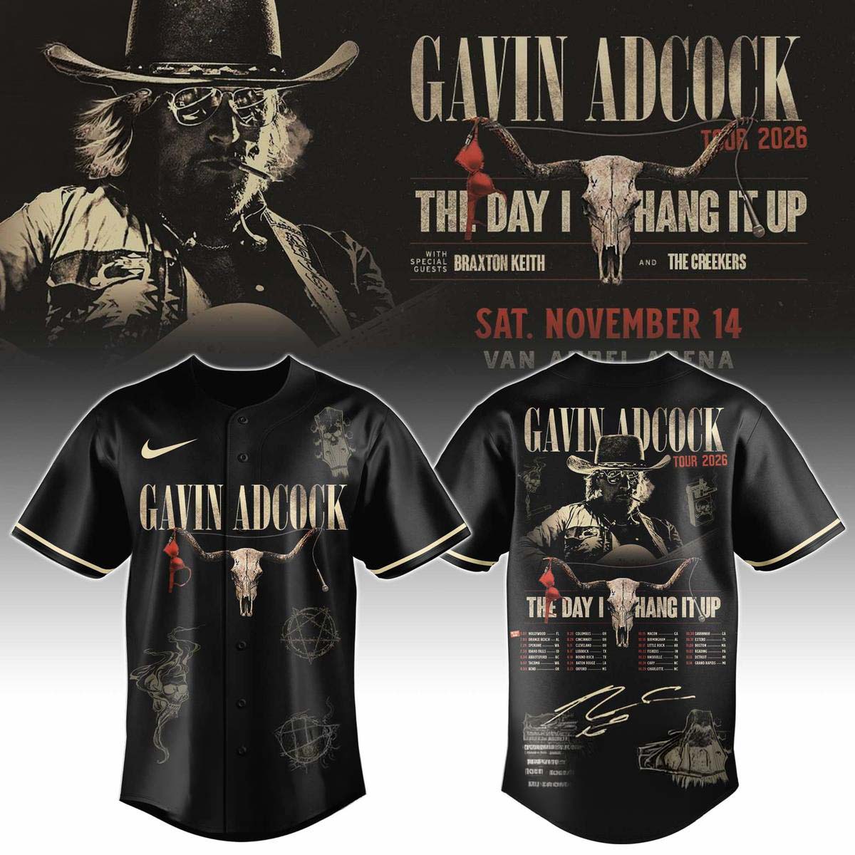 Gavin Adcock The Day I Hang It Up Tour 2026 Baseball Jersey Steer Skull Distressed Graphic Shirt Best Gift for Fans