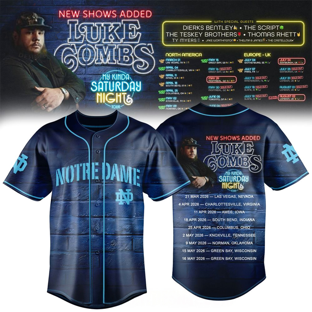 Notre Dame Football x Luke Combs My Kinda Saturday Night Tour 2026 Baseball Jersey Fan Merch 1 - Unicasport Notre Dame Football x Luke Combs My Kinda Saturday Night Tour 2026 Baseball Jersey Fan Merch