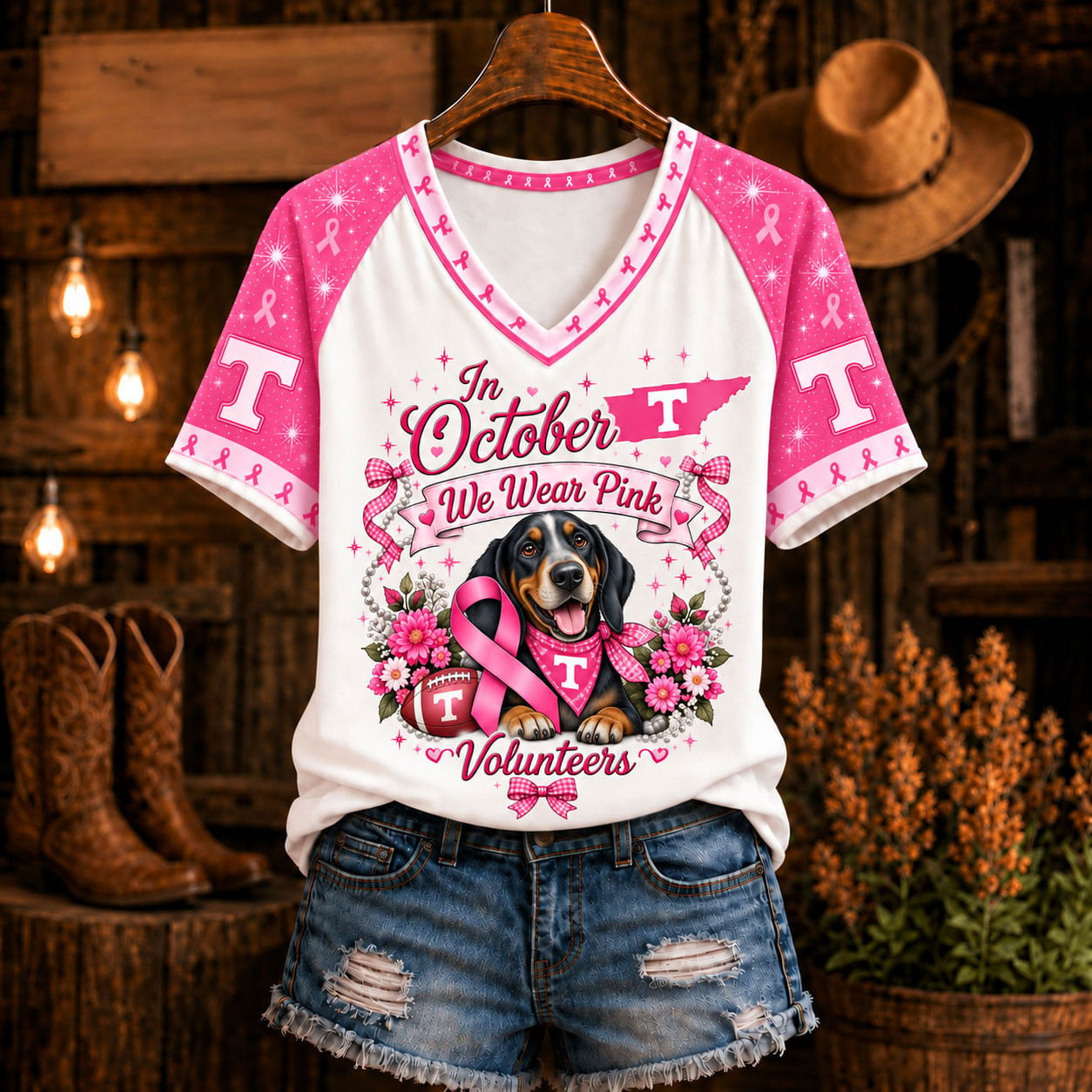 Tennessee Volunteers V-Neck In October We Wear Pink Special Gift For Besties