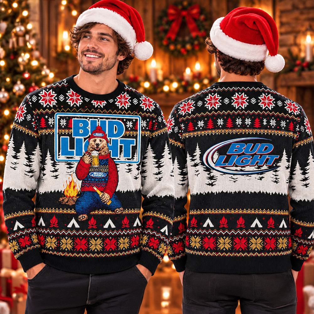 Bud Light Big Logo Bear Drinking Ugly Christmas Sweater Xmas Outfits Christmas Gifts Ideas 1 - Unicasport Bud Light Big Logo Bear Drinking Ugly Christmas Sweater Xmas Outfits Christmas Gifts Ideas