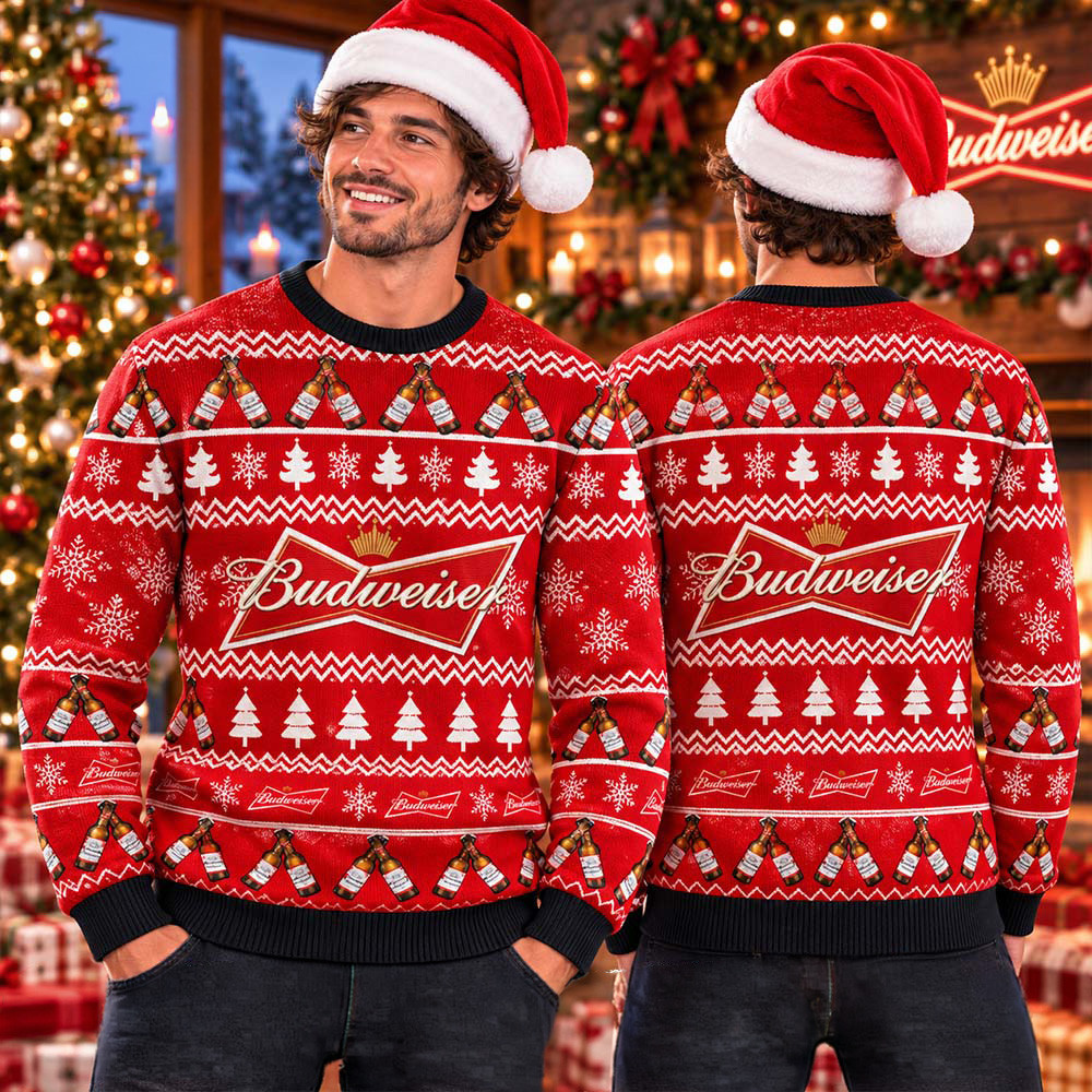 Budweiser Beer Logo Ugly Christmas Sweater Winter Clothing Xmas Presents For Budweiser Lovers 1 - Unicasport Budweiser Beer Logo Ugly Christmas Sweater Winter Clothing Xmas Presents For Budweiser Lovers