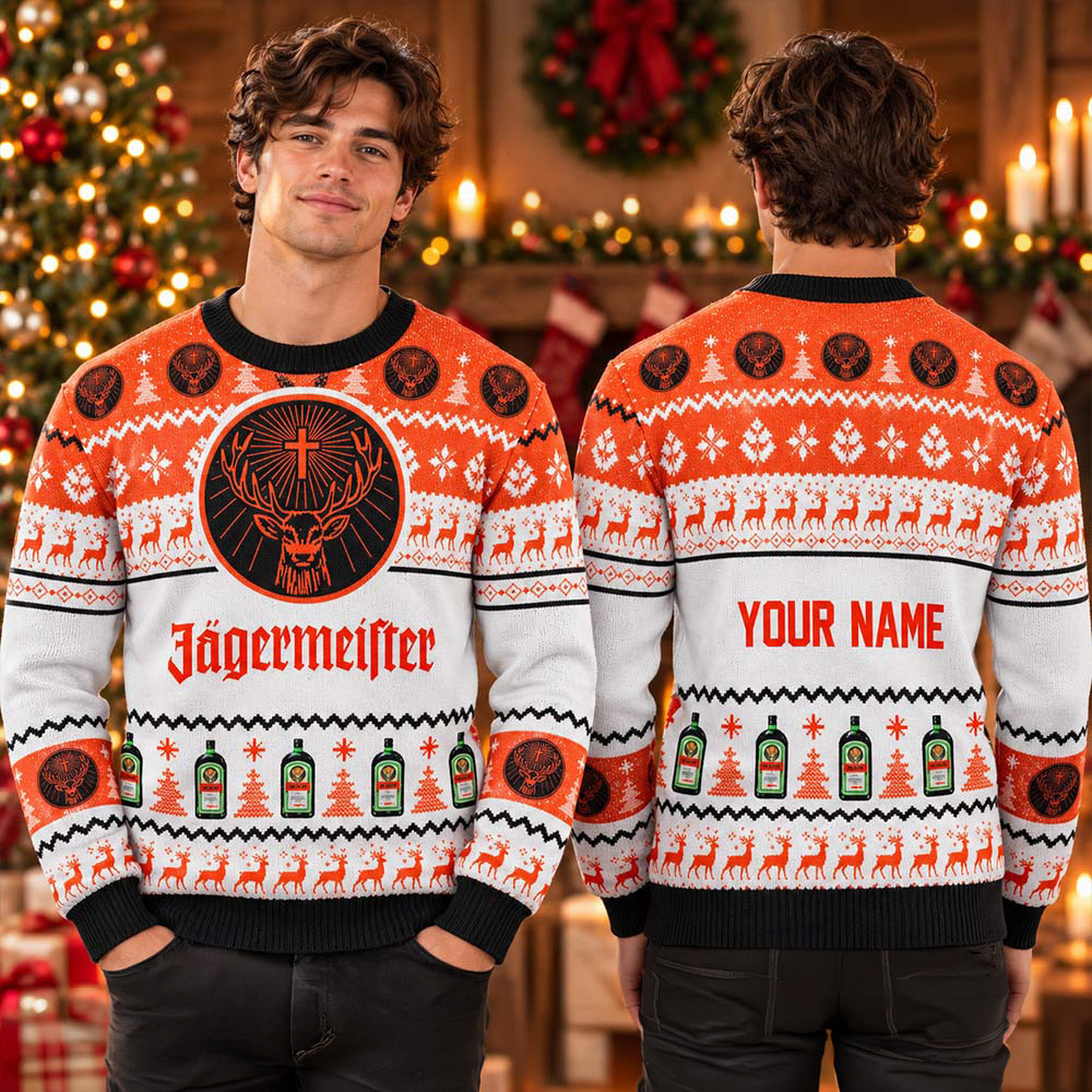 Custom Jagermeister Spirit Big Orange Logo Bottles Ugly Christmas Sweater Cozy Xmas Outfits 1 - Unicasport Custom Jagermeister Spirit Big Orange Logo Bottles Ugly Christmas Sweater Cozy Xmas Outfits