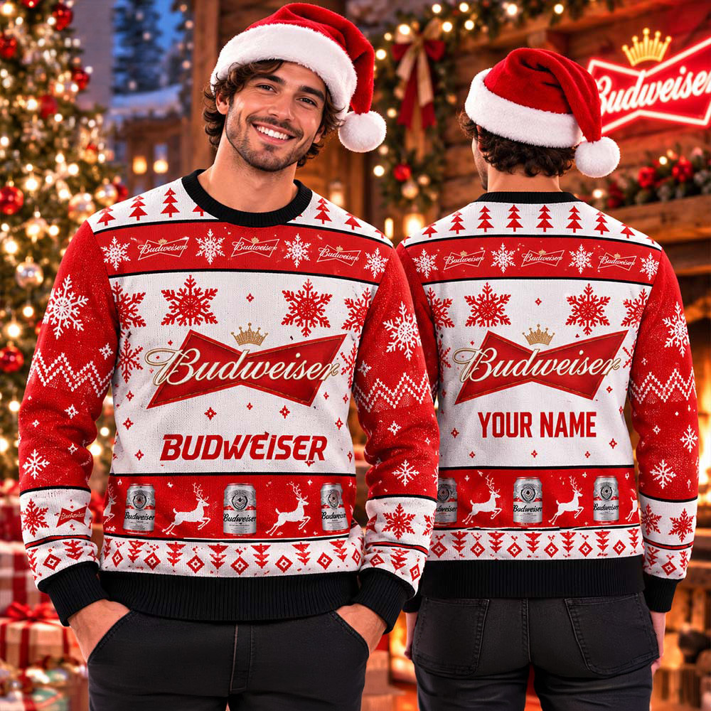 Custom Budweiser Logo Ugly Christmas Sweater Cozy Xmas Outfits Christmas Gifts For Husband 1 - Unicasport Custom Budweiser Logo Ugly Christmas Sweater Cozy Xmas Outfits Christmas Gifts For Husband