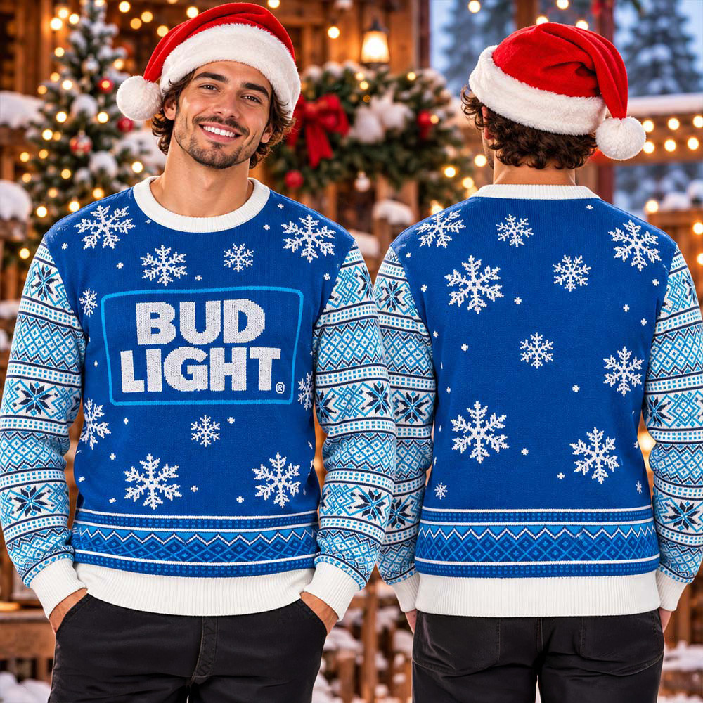 Bud Light Big Logo White Snowflakes Ugly Christmas Sweater Xmas Outfits Christmas Gifts For Men 1 - Unicasport Bud Light Big Logo White Snowflakes Ugly Christmas Sweater Xmas Outfits Christmas Gifts For Men