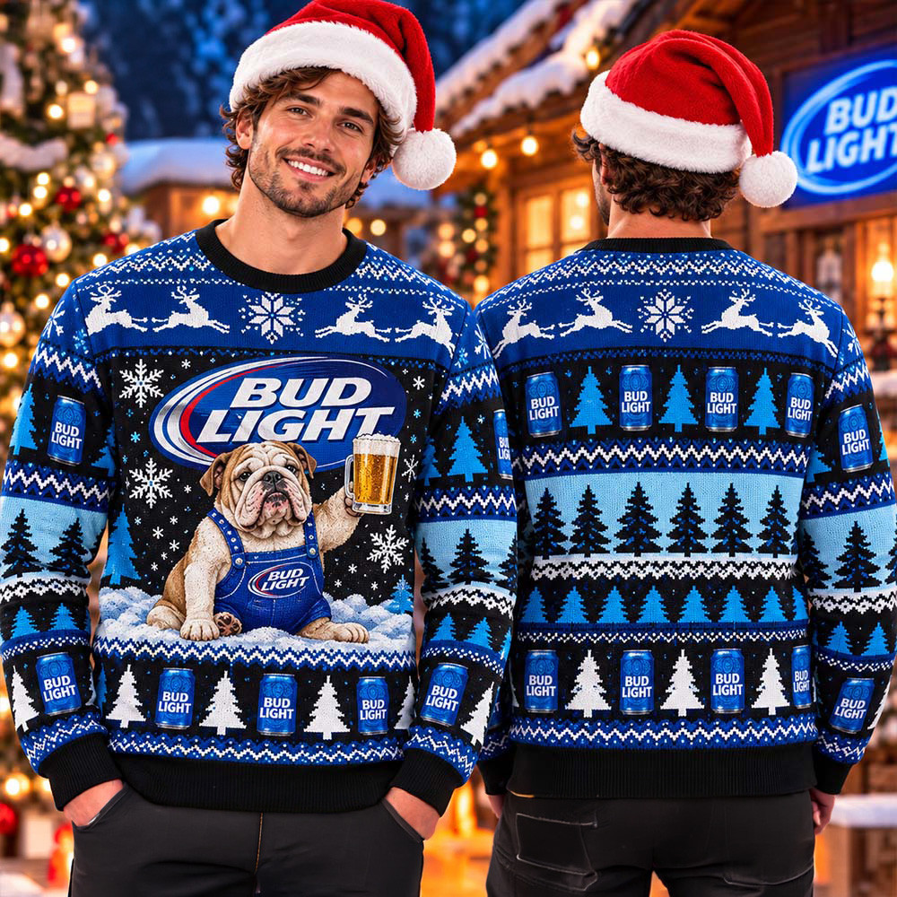 Bud Light Funny Bulldog Cheering Ugly Christmas Sweater Xmas Outfits Christmas Gifts Ideas 1 - Unicasport Bud Light Funny Bulldog Cheering Ugly Christmas Sweater Xmas Outfits Christmas Gifts Ideas