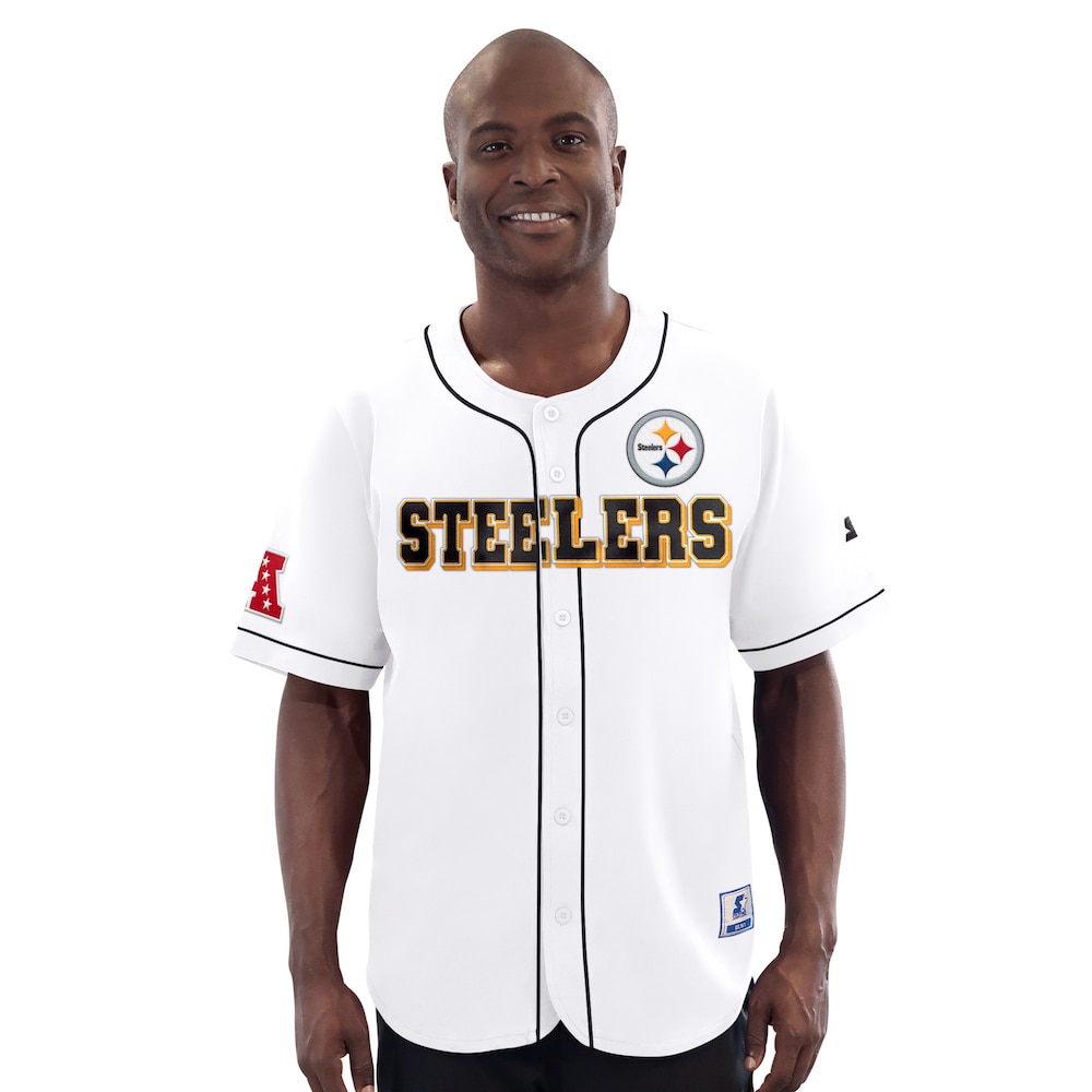 Pittsburgh Steelers Merch - Men's Relay Full-Button Baseball Jersey, White - Starter 1 - Unicasport Pittsburgh Steelers Merch - Men's Relay Full-Button Baseball Jersey, White - Starter