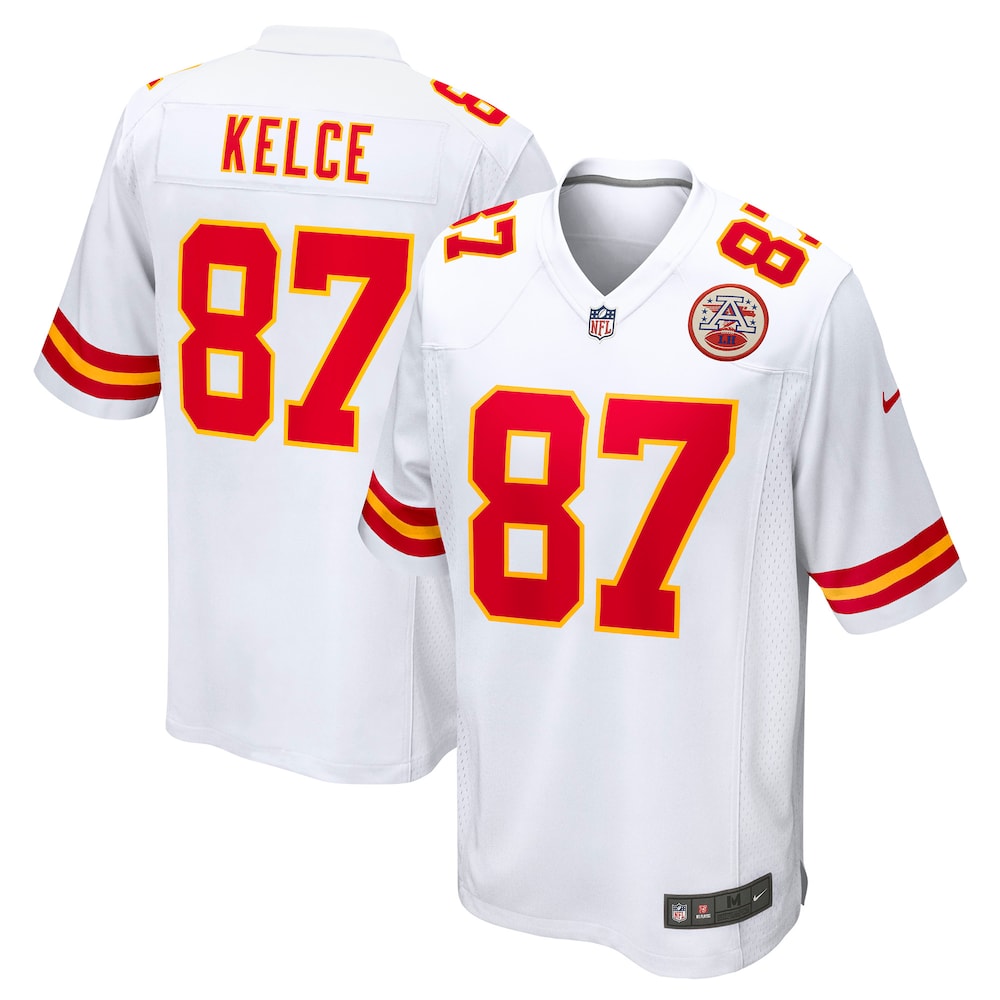 Kansas City Chiefs Merch - Men's Travis Kelce Player Game Jersey, White 1 - Unicasport Kansas City Chiefs Merch - Men's Travis Kelce Player Game Jersey, White