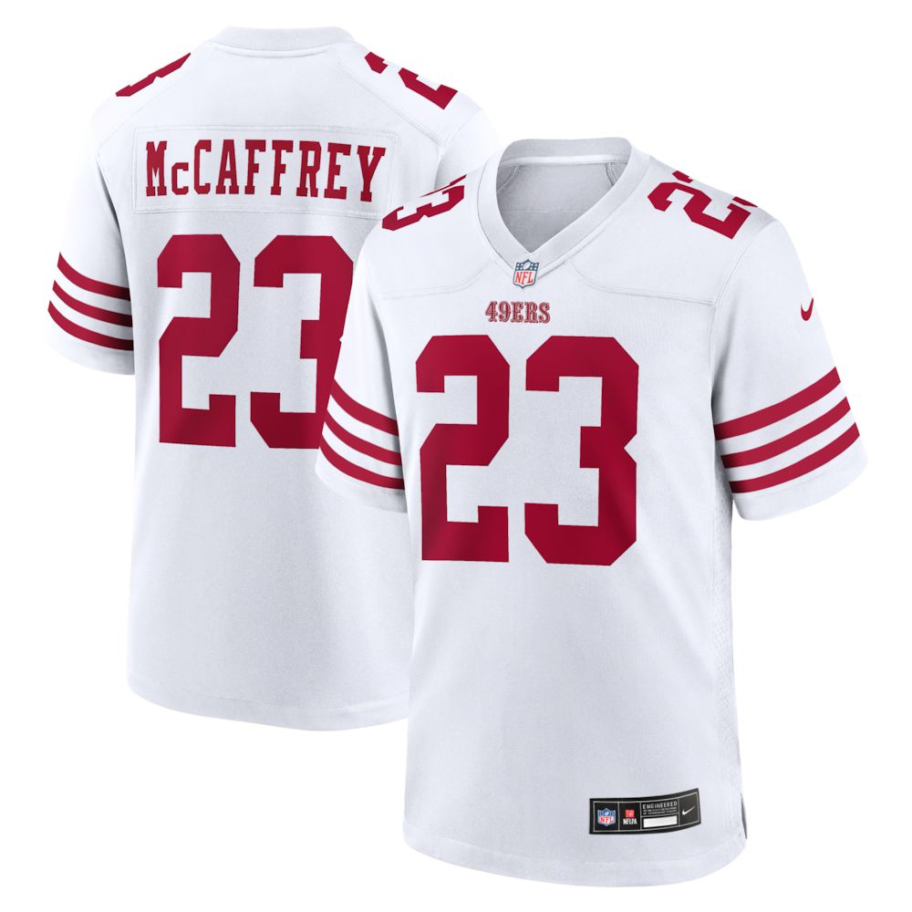 San Francisco 49ers Merch - Men's Christian McCaffrey Jersey, White 1 - Unicasport San Francisco 49ers Merch - Men's Christian McCaffrey Jersey, White