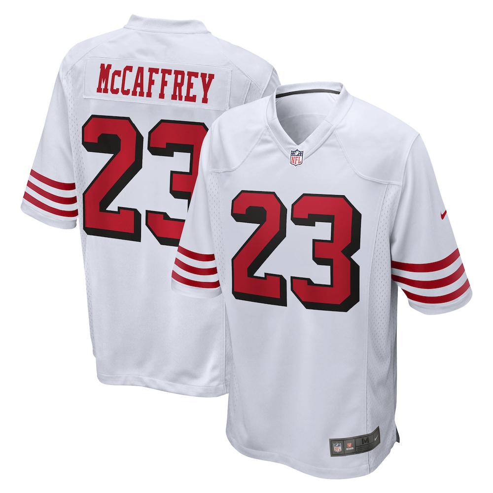 San Francisco 49ers Merch - Men's Christian McCaffrey Game Jersey, White 1 - Unicasport San Francisco 49ers Merch - Men's Christian McCaffrey Game Jersey, White