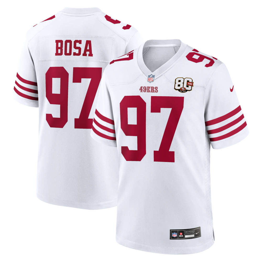 San Francisco 49ers Merch - Men's Nick Bosa 80th Anniversary Game Jersey, White 1 - Unicasport San Francisco 49ers Merch - Men's Nick Bosa 80th Anniversary Game Jersey, White