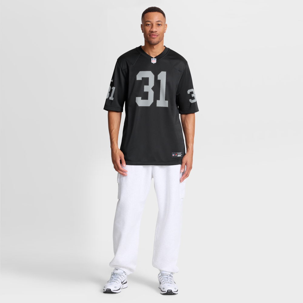 Las Vegas Raiders Merch - Men's Raheem Mostert Team Game Jersey, Black 1 - Unicasport Las Vegas Raiders Merch - Men's Raheem Mostert Team Game Jersey, Black