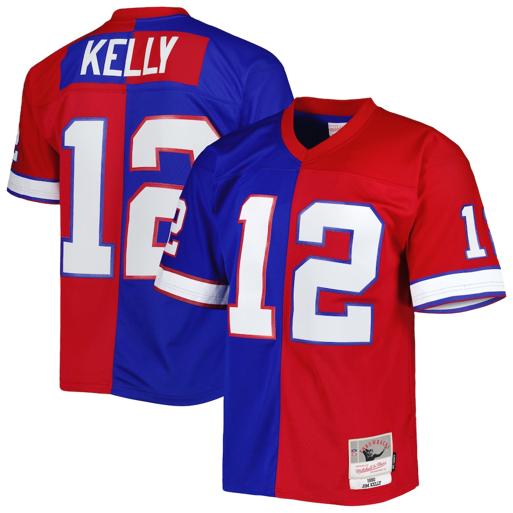 Buffalo Bills Merch - Men's Jim Kelly Royal 1990 Split Legacy Replica Jersey, Red 1 - Unicasport Buffalo Bills Merch - Men's Jim Kelly Royal 1990 Split Legacy Replica Jersey, Red