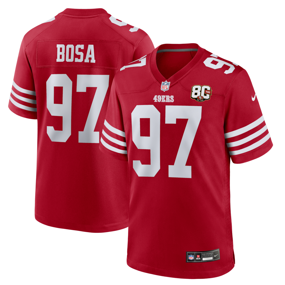 San Francisco 49ers Merch - Men's Nick Bosa Scarlet 80th Anniversary Game Jersey 1 - Unicasport San Francisco 49ers Merch - Men's Nick Bosa Scarlet 80th Anniversary Game Jersey
