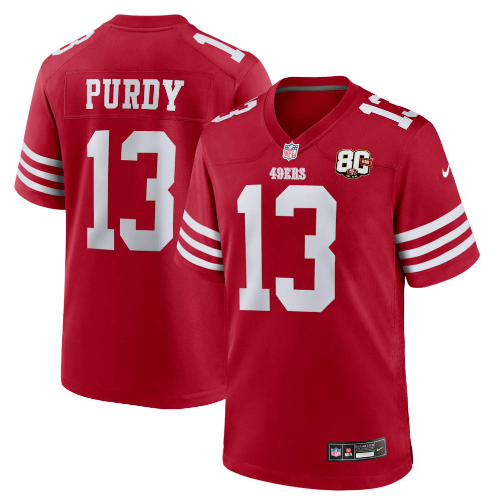 San Francisco 49ers Merch - Men's Brock Purdy Scarlet 80th Anniversary Game Jersey 1 - Unicasport San Francisco 49ers Merch - Men's Brock Purdy Scarlet 80th Anniversary Game Jersey