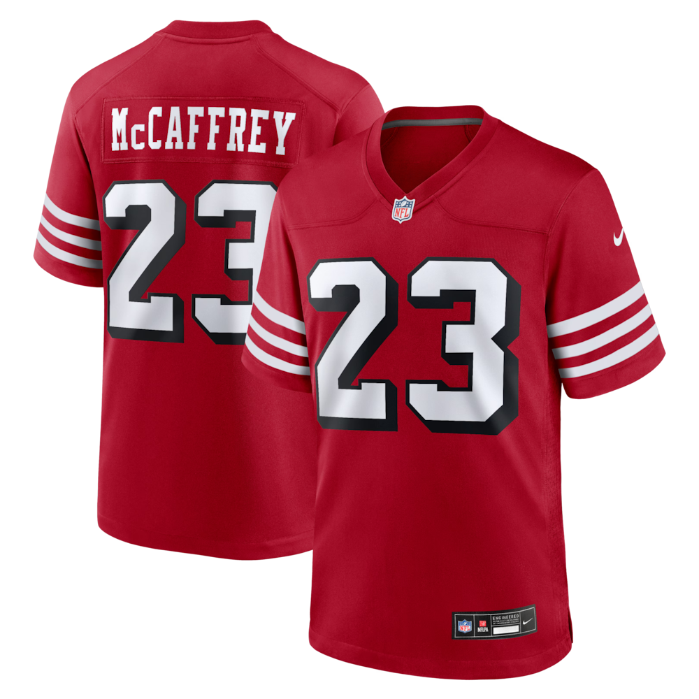 San Francisco 49ers Merch - Men's Christian McCaffrey Scarlet Alternate Jersey 1 - Unicasport San Francisco 49ers Merch - Men's Christian McCaffrey Scarlet Alternate Jersey