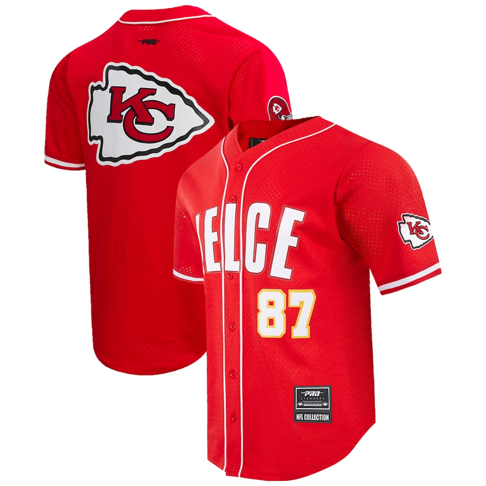 Kansas City Chiefs Merch - Men's Travis Kelce Pro Standard Mesh Button-Up Baseball Jersey, Red