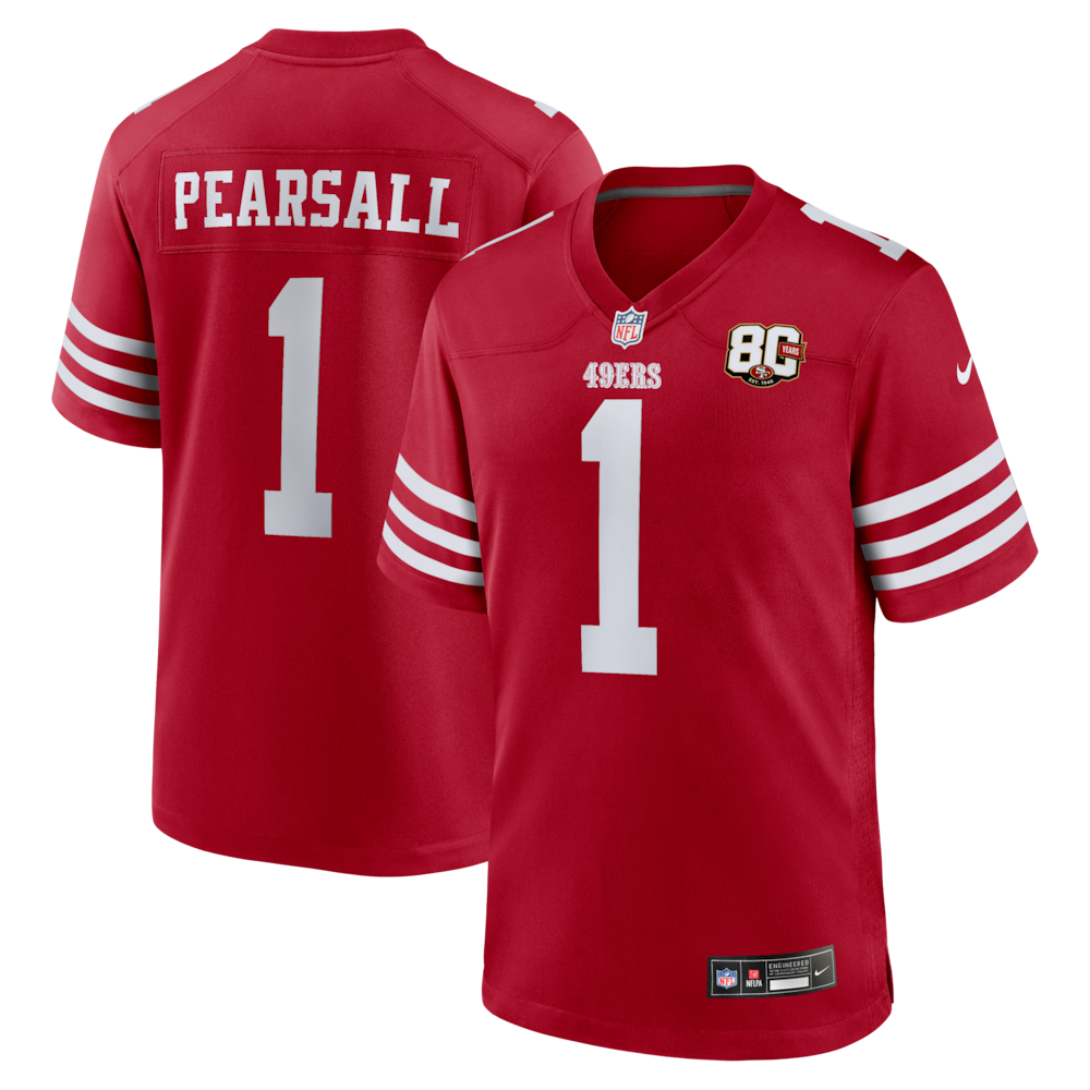 San Francisco 49ers Merch - Men's Ricky Pearsall Scarlet 80th Anniversary Game Jersey - Best Birthday Gift For Football Lovers 1 - Unicasport San Francisco 49ers Merch - Men's Ricky Pearsall Scarlet 80th Anniversary Game Jersey - Best Birthday Gift For Football Lovers