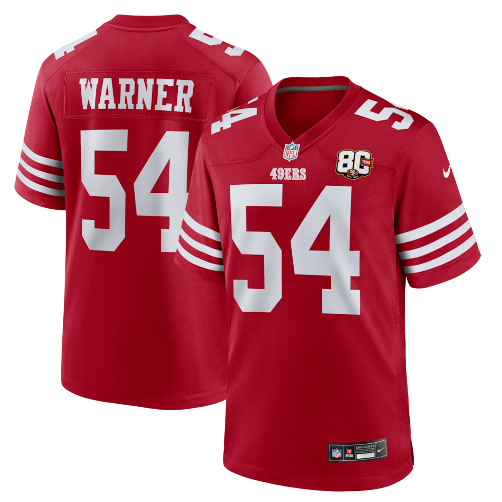 San Francisco 49ers Merch - Men's Fred Warner Scarlet 80th Anniversary Game Jersey 1 - Unicasport San Francisco 49ers Merch - Men's Fred Warner Scarlet 80th Anniversary Game Jersey