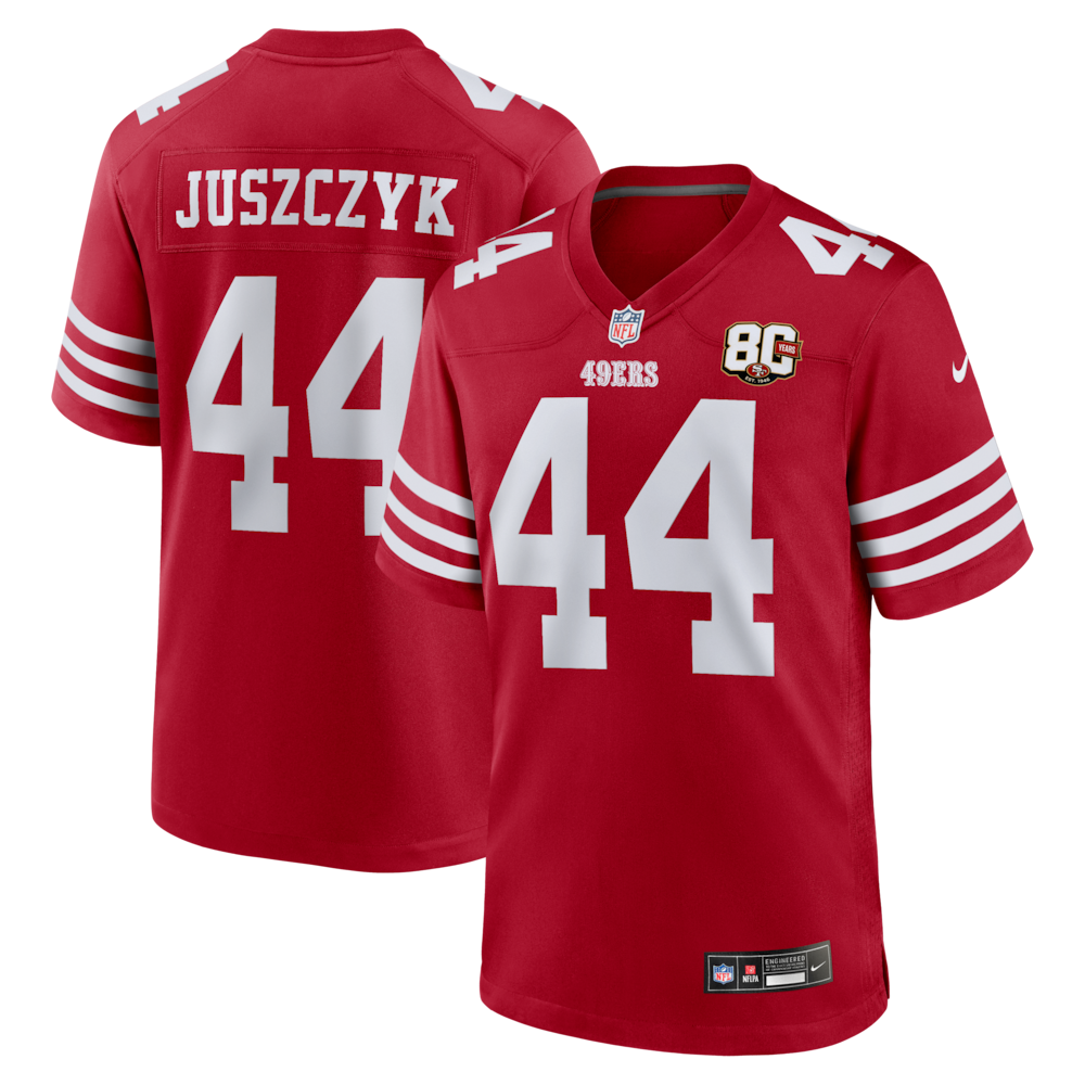 San Francisco 49ers Merch - Men's Kyle Juszczyk Scarlet 80th Anniversary Game Jersey 1 - Unicasport San Francisco 49ers Merch - Men's Kyle Juszczyk Scarlet 80th Anniversary Game Jersey