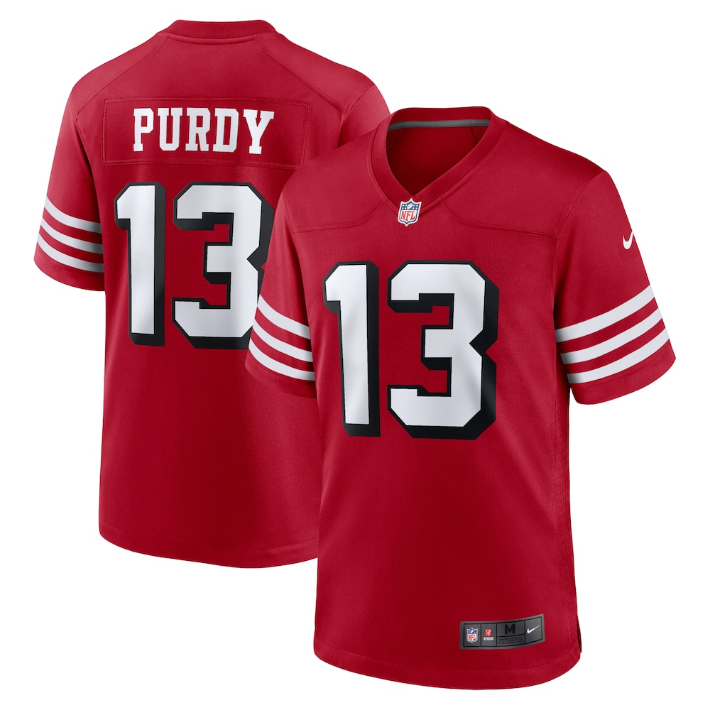 San Francisco 49ers Merch - Men Brock Purdy Scarlet Alternate Jersey 1 - Unicasport San Francisco 49ers Merch - Men Brock Purdy Scarlet Alternate Jersey