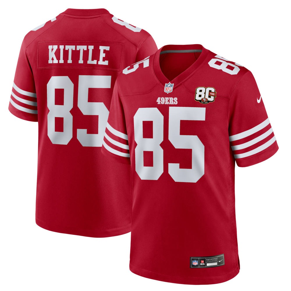 San Francisco 49ers Merch - Men's George Kittle Scarlet 80th Anniversary Game Jersey 1 - Unicasport San Francisco 49ers Merch - Men's George Kittle Scarlet 80th Anniversary Game Jersey