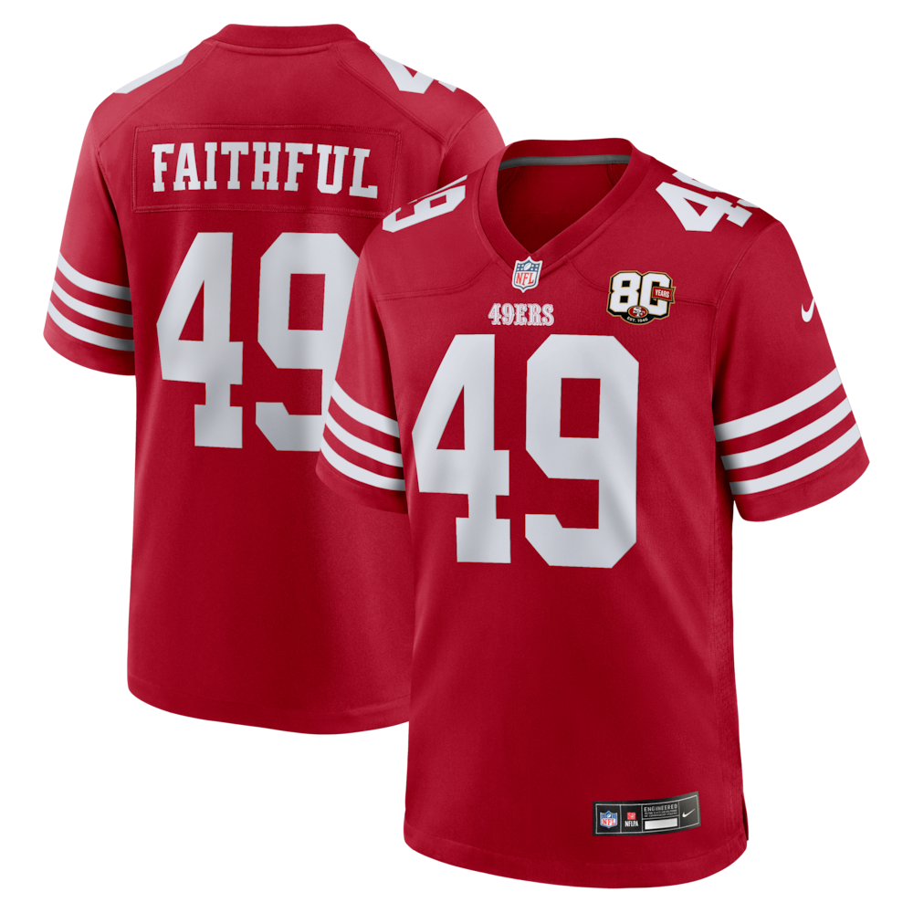 San Francisco 49ers Merch - Men's The Faithful Scarlet 80th Anniversary Game Jersey 1 - Unicasport San Francisco 49ers Merch - Men's The Faithful Scarlet 80th Anniversary Game Jersey