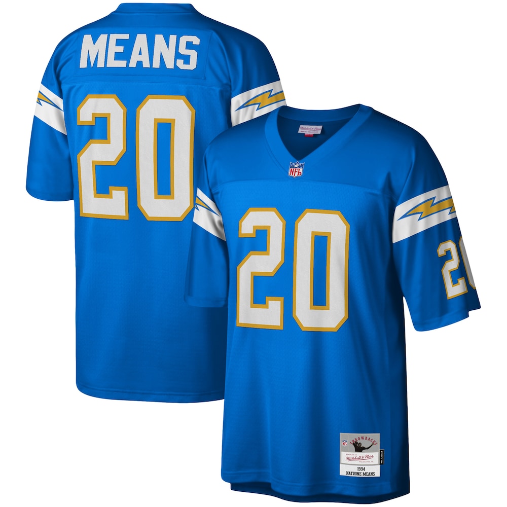 Los Angeles Chargers Merch - Men's Natrone Means Powder Legacy Replica Jersey, Blue - Good Gifts For Football Fans 1 - Unicasport Los Angeles Chargers Merch - Men's Natrone Means Powder Legacy Replica Jersey, Blue - Good Gifts For Football Fans