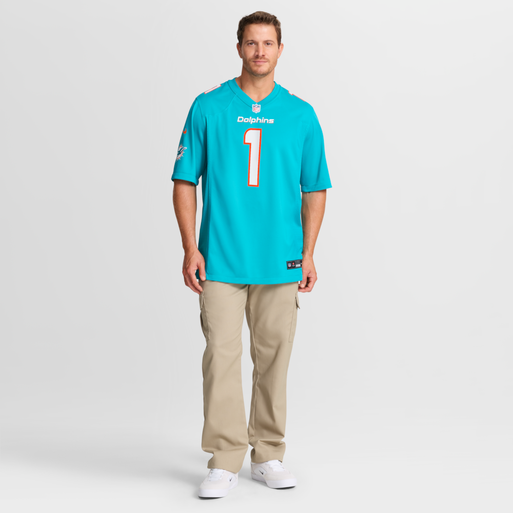 Miami Dolphins Merch - Men's Number 1 Groom Aqua Game Jersey 1 - Unicasport Miami Dolphins Merch - Men's Number 1 Groom Aqua Game Jersey
