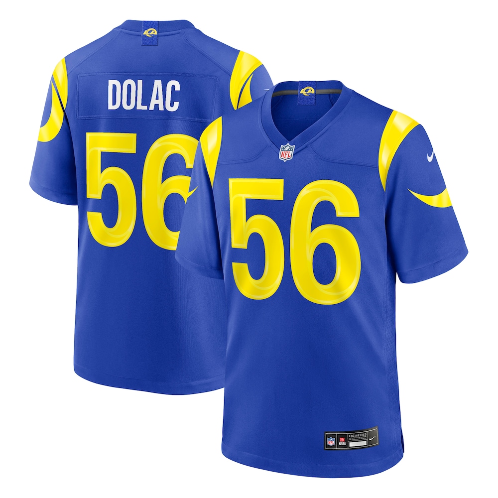 Los Angeles Rams Merch - Men's Shaun Dolac Royal Team Game Jersey 1 - Unicasport Los Angeles Rams Merch - Men's Shaun Dolac Royal Team Game Jersey