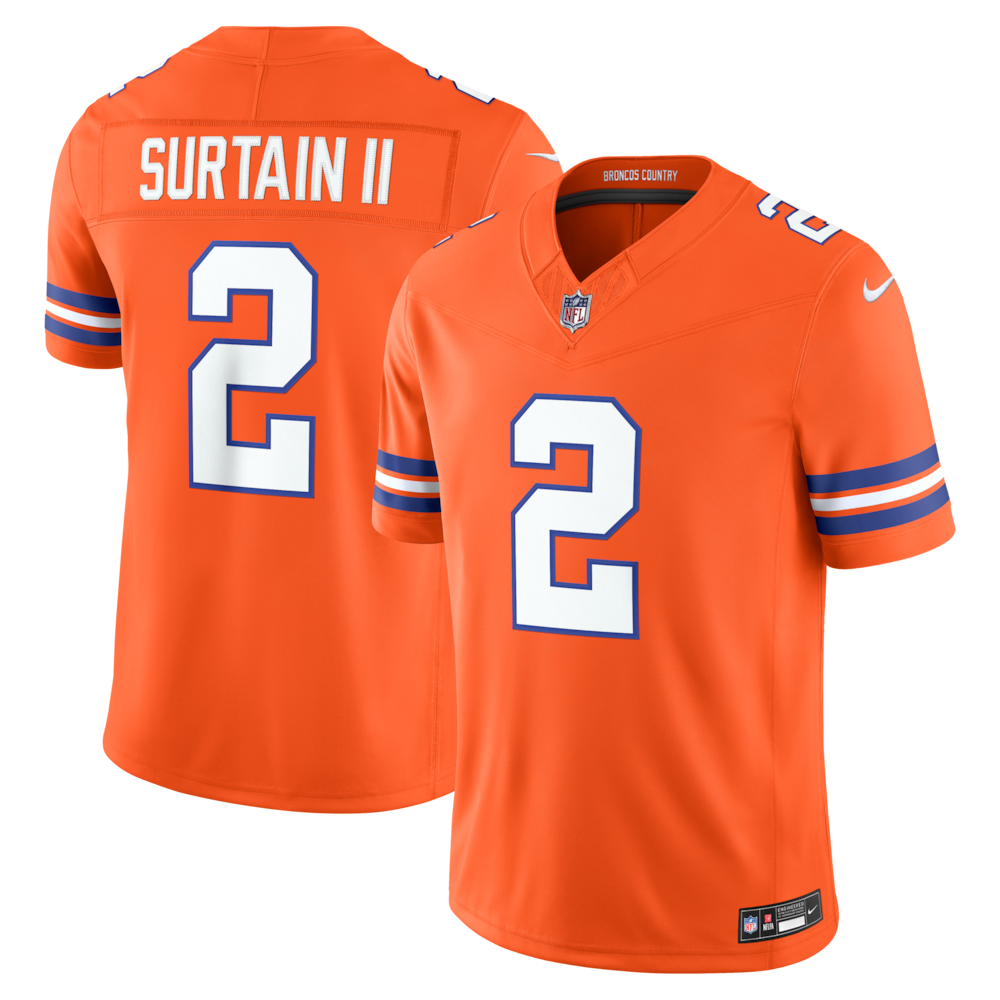 Denver Broncos Merch - Men's Pat Surtain II Alternate Mile High Collection 1977 Throwback Vapor F.U.S.E. Stitched Limited Jersey, Orange 1 - Unicasport Denver Broncos Merch - Men's Pat Surtain II Alternate Mile High Collection 1977 Throwback Vapor F.U.S.E. Stitched Limited Jersey, Orange