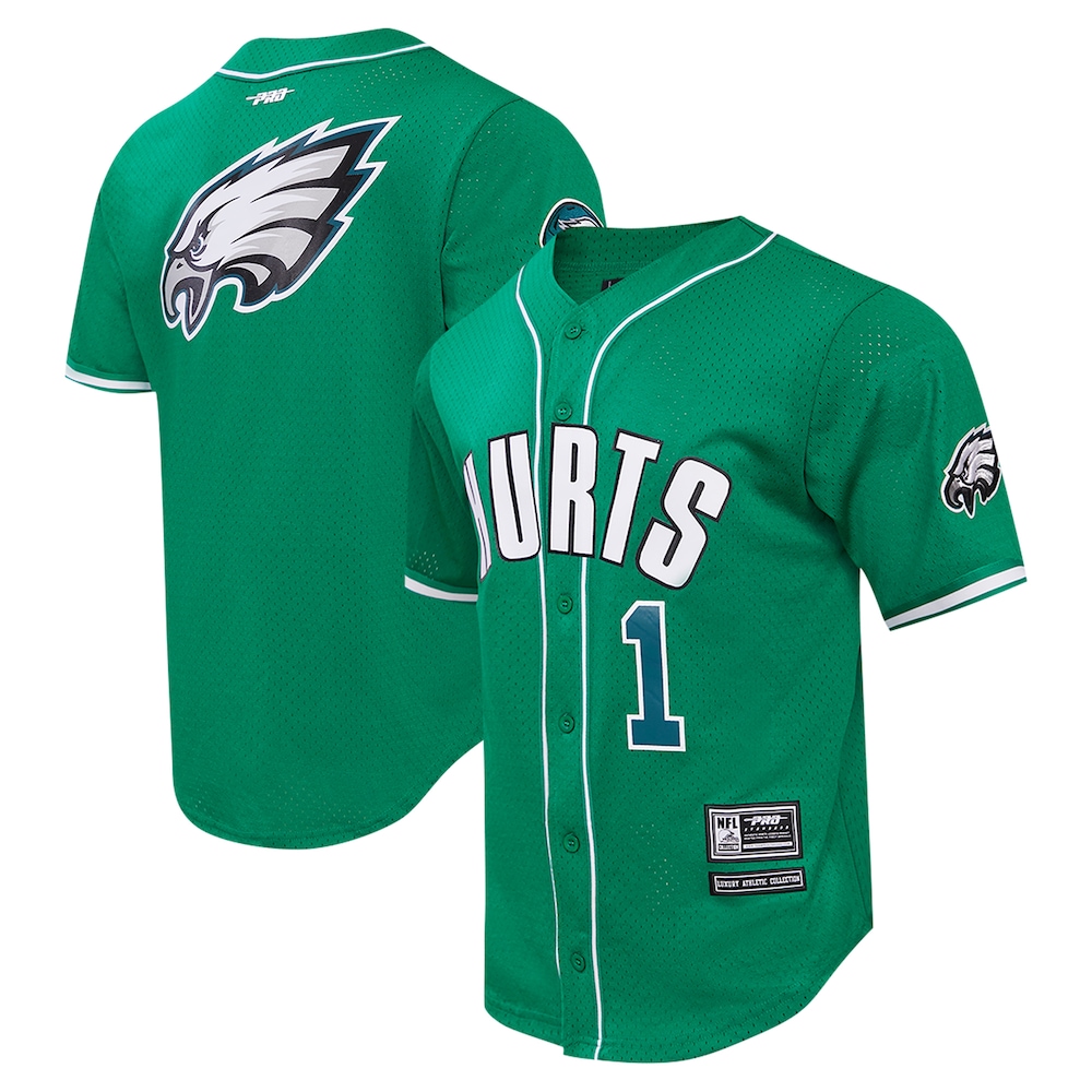 Philadelphia Eagles Merch - Men's Jalen Hurts Pro Standard Kelly Mesh Button-Up Baseball Jersey, Green - American Football Presents 1 - Unicasport Philadelphia Eagles Merch - Men's Jalen Hurts Pro Standard Kelly Mesh Button-Up Baseball Jersey, Green - American Football Presents