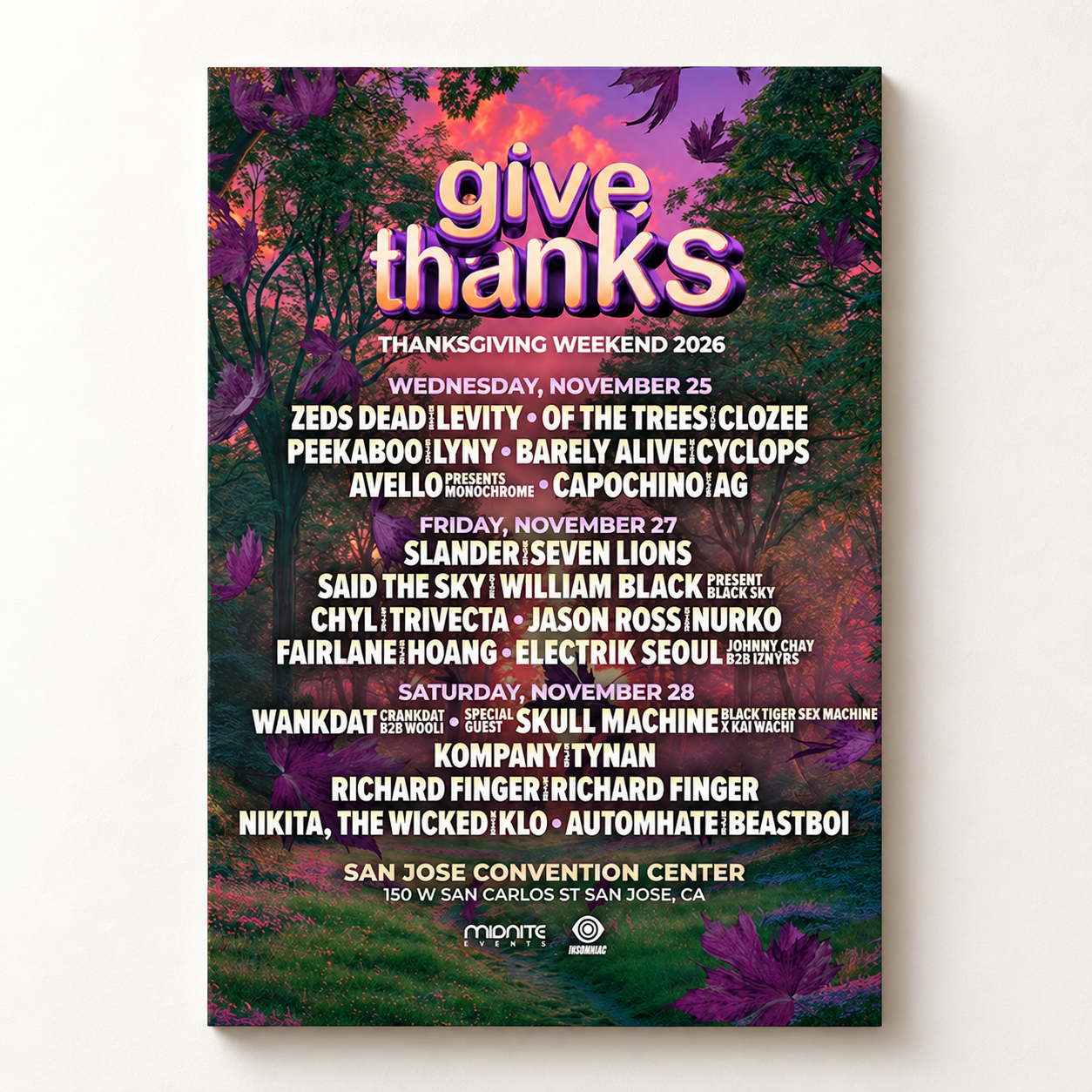 Give Thanks Festival 2026 At San Jose Convention Center In San Jose CA On November 25 27 28 2026 Line Up Home Decor Poster Canvas