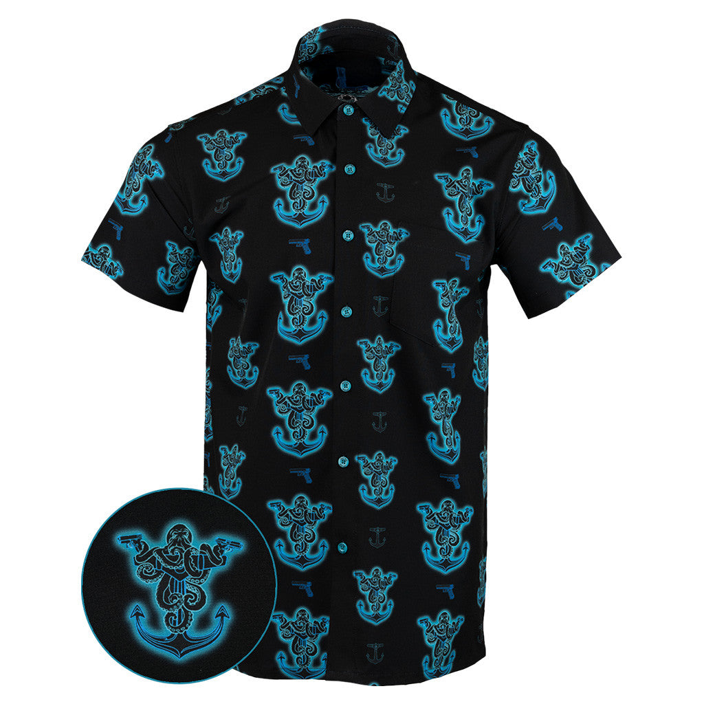 Glocktopus Black Cyan Button Down Shirt Outdoor Hawaiian Tactical Shirt Gift Ideas For Friends
