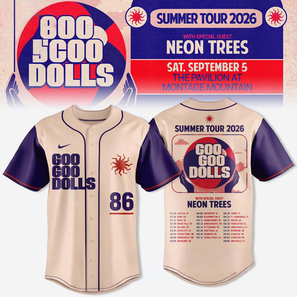 Goo Goo Dolls Summer 2026 Tour Baseball Jersey - Best Gift for Fans