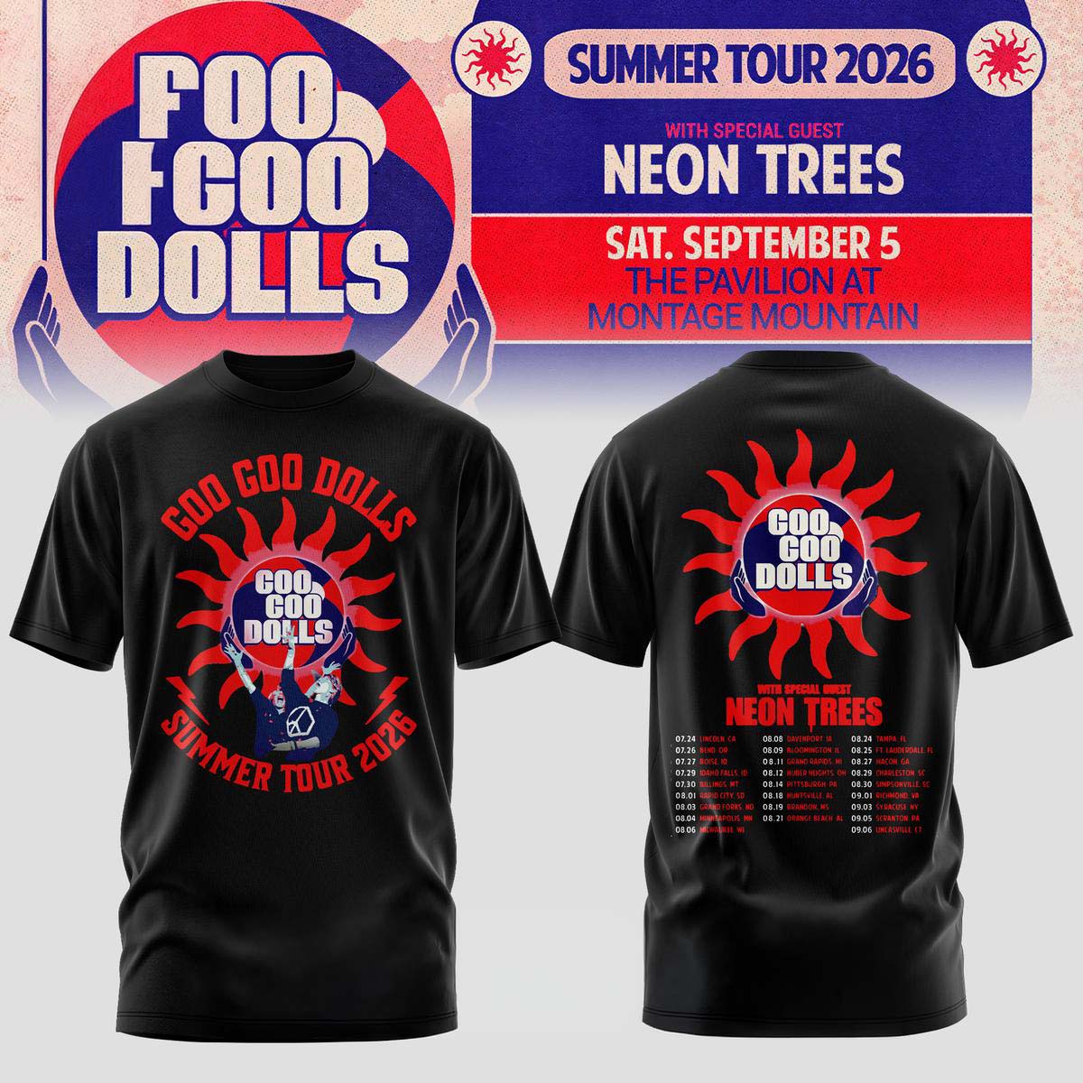 Goo Goo Dolls Summer Tour 2026 Concert T-Shirt with Neon Trees - Best Gift for Fans