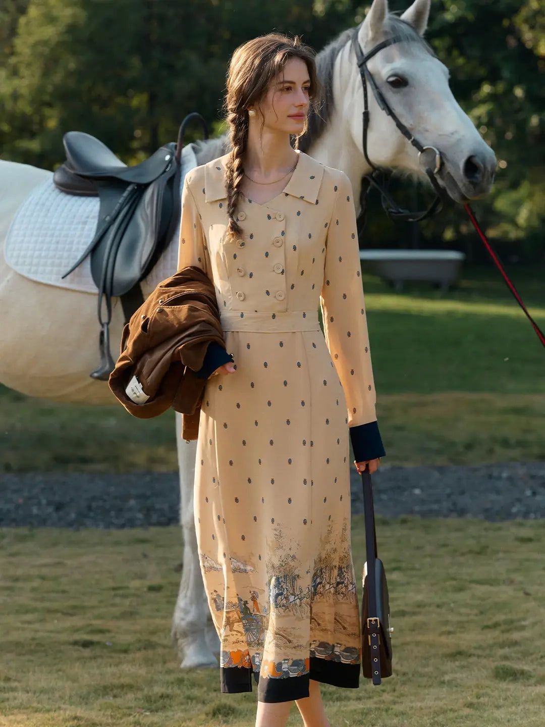 Good Stylists Ataraxia Beige Brown Vintage Print Long Sleeve Flowy Maxi Dress